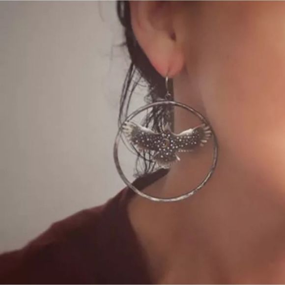 Bronze eagle flying moon star hoop boho goth earrings new - Picture 3 of 5